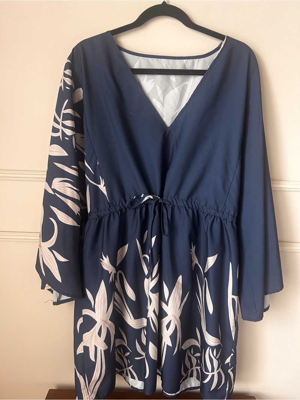 Blue Floral V-Neck Drawstring Waist Dress